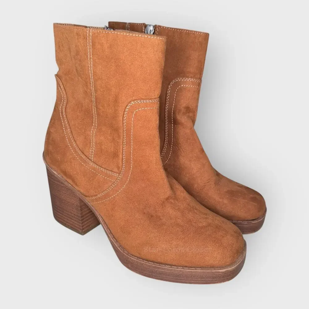 Brown Suede Ankle Boots Size 7.5 Block Heel Minimalist Western Chic